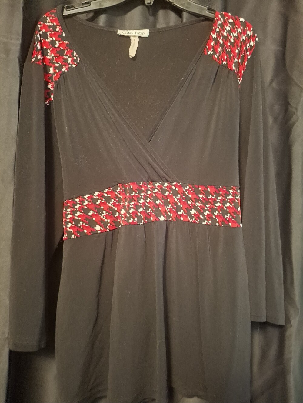 Carol Rose Black 3/4-Sleeve Shirt with Red Patterned Accents